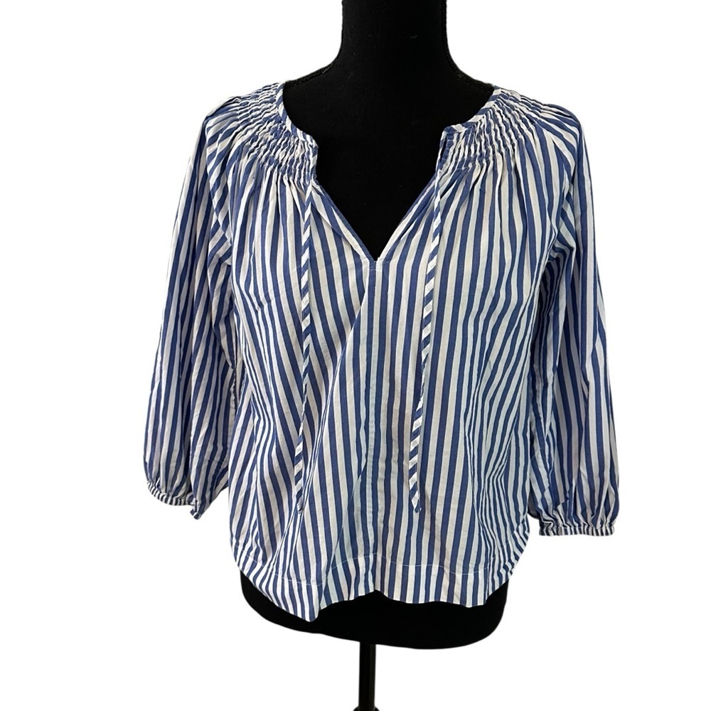 Lake Pajamas Striped Top Shirt Blue White Cotton Tie Neck Minimalist Size XXS